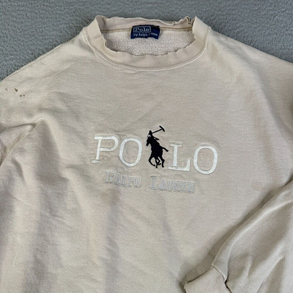 VTG POLO RALPH LAUREN Sweatshirt Men L Beige Big Pony Embroidered Sweater USA